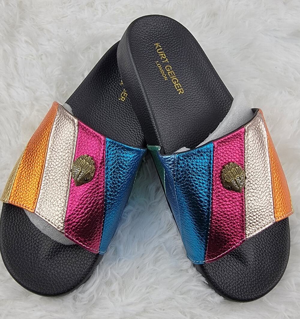 Women Sz 10 Platform Slides Sandals Designer Rainbow Colorful Metallic Slippers